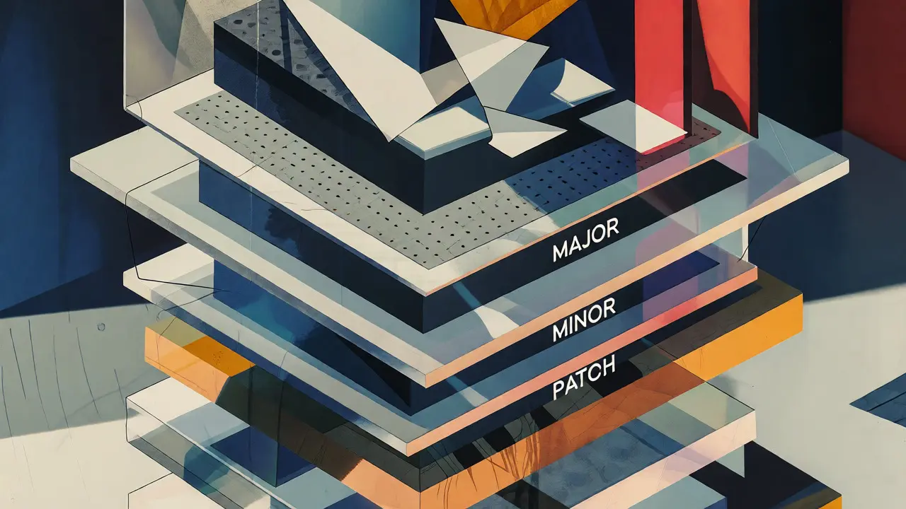 Abstract Cubist layers representing Semantic Versioning structures and component independence.