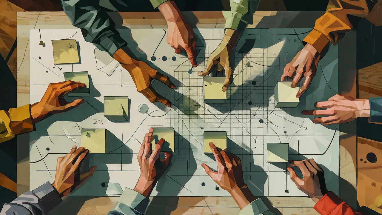 Abstract cubist view of hands arranging geometric user flow elements on a whiteboard.