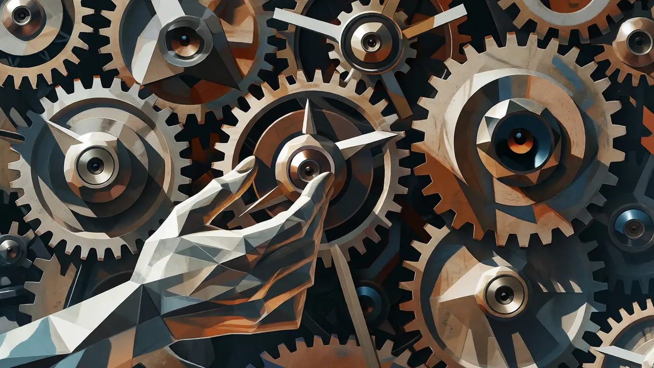 Abstract mechanical gears and hands verifying facts in a Cubist composition