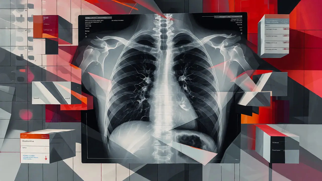 Cubist art of a chest X-ray surrounded by geometric lab data blocks.