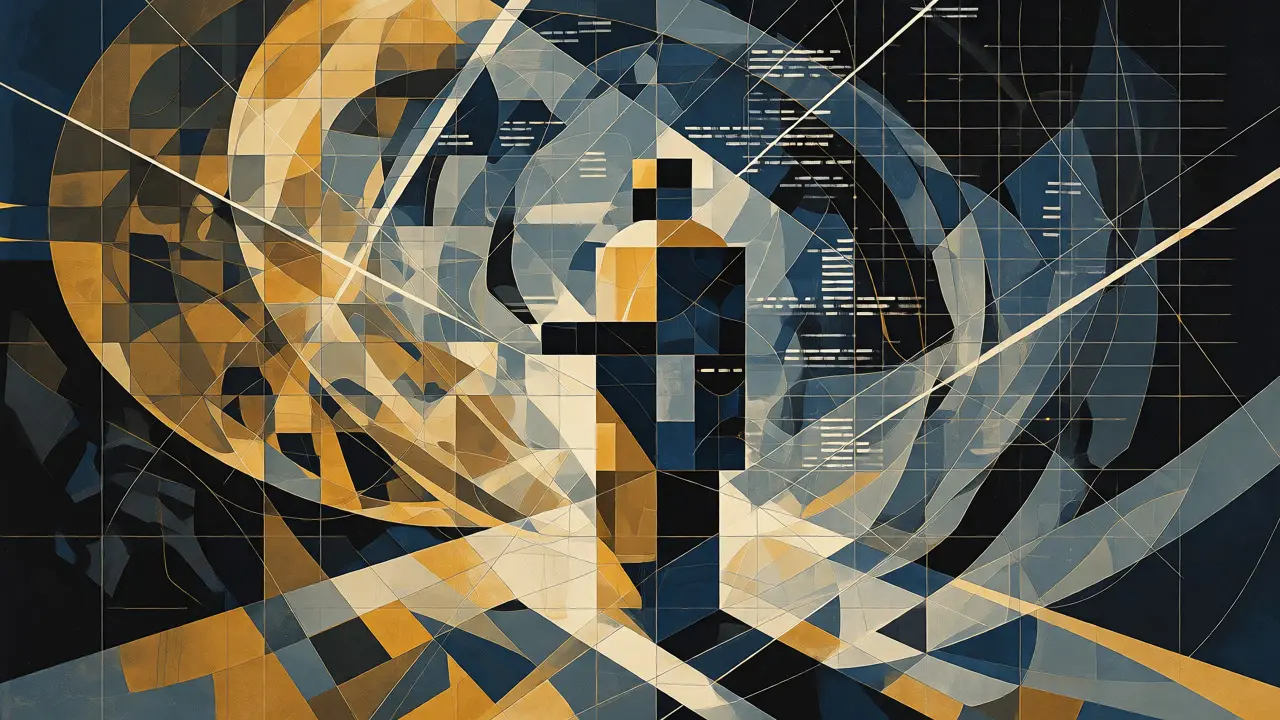 Cubist art showing a stable figure amidst chaotic geometric shapes representing code security.