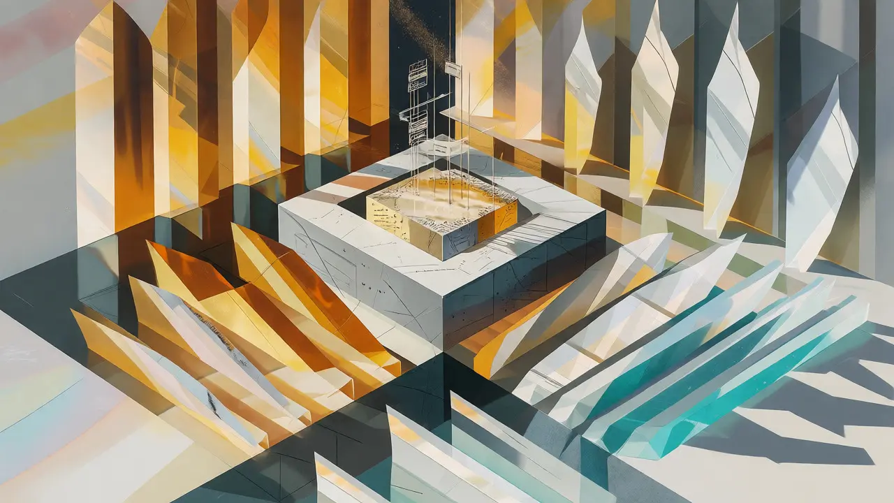 Cubist art showing organized, crystalline data shards feeding a stable geometric model structure.