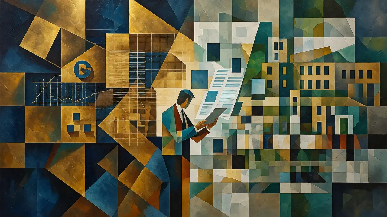 Cubist artwork merging financial banking structures with public sector governance