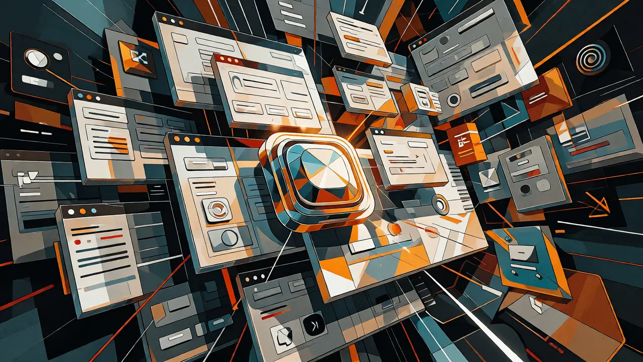 Cubist collage of iterative UI states and real-time prototype testing.