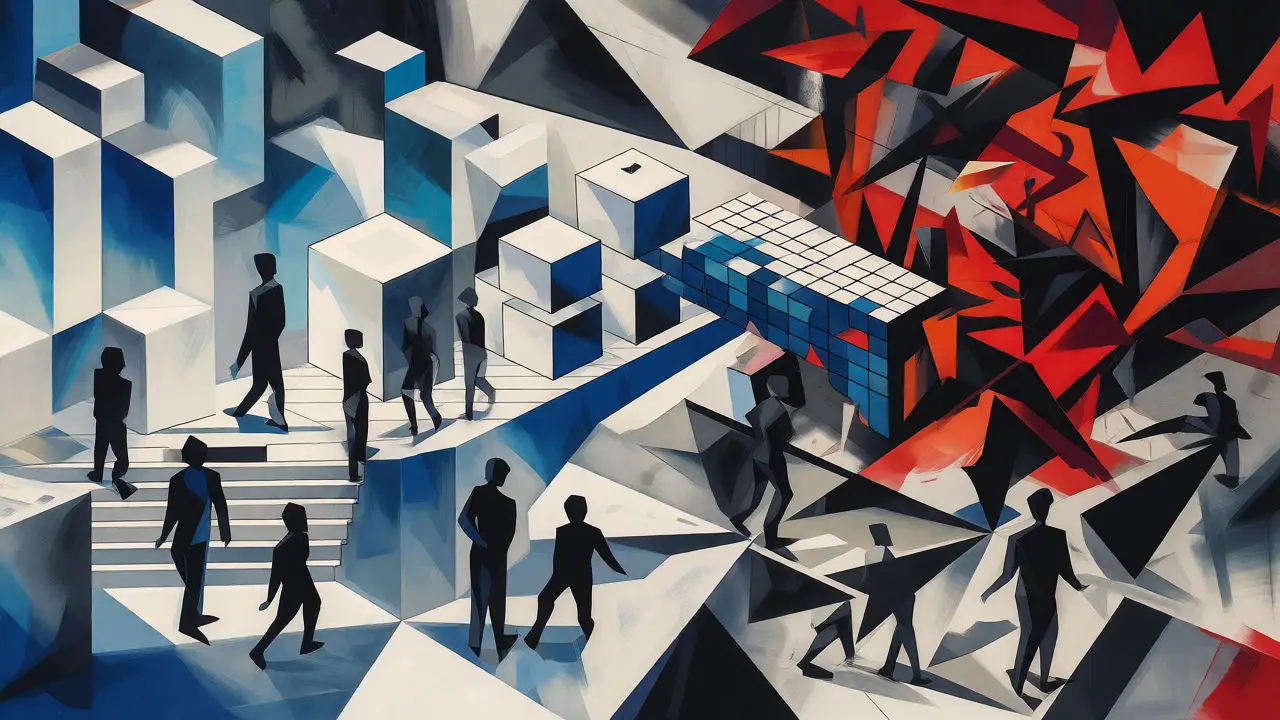 Cubist contrast between orderly governance blocks and chaotic shadow IT shards.