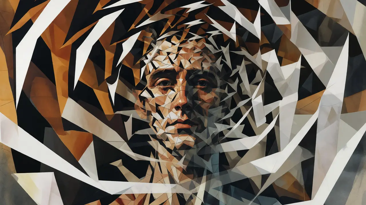 Cubist depiction of a face emerging from angular noise