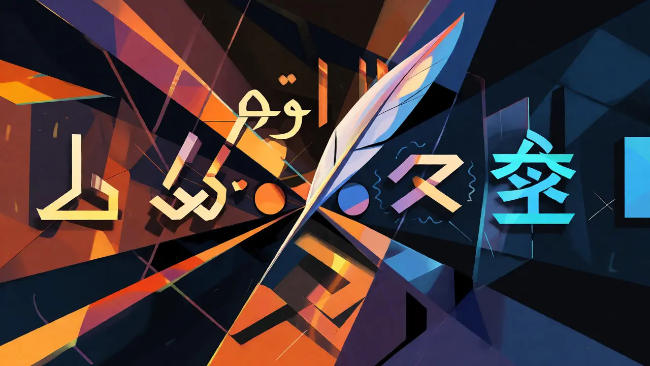 Cubist depiction of AI prompts assembling multilingual frontend structures from shards.
