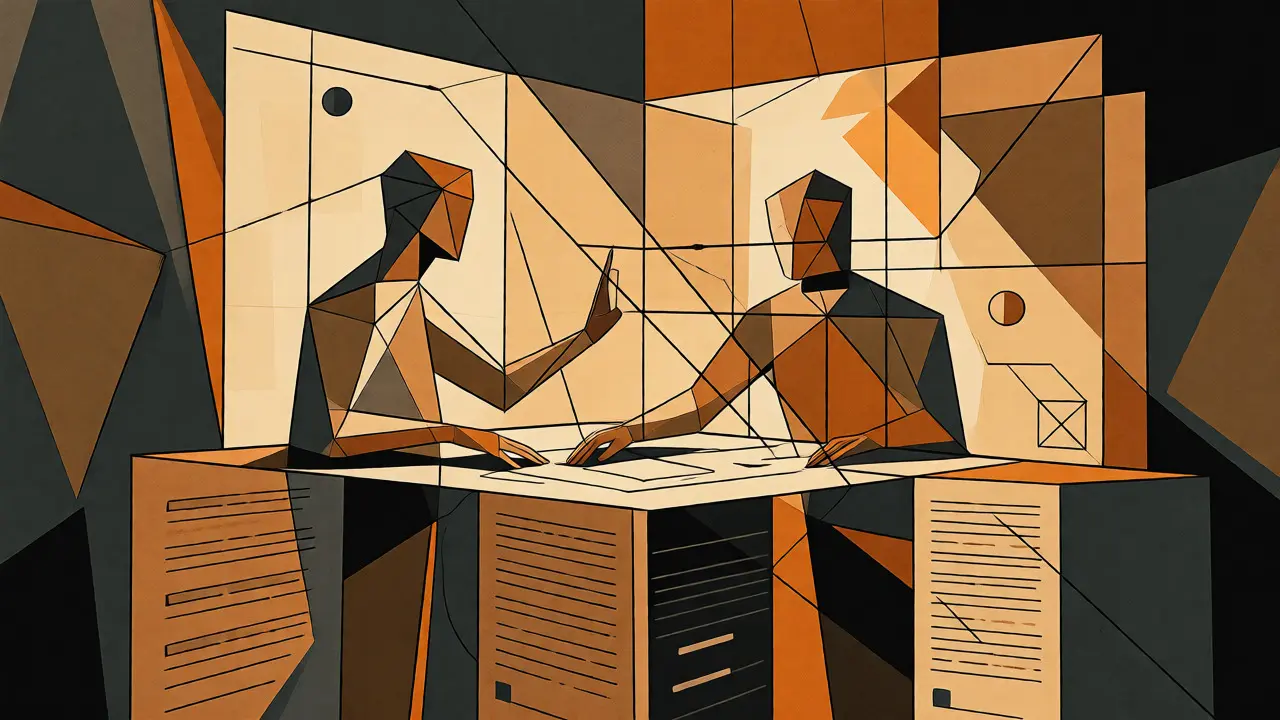 Cubist depiction of developer and AI reviewing code within secure boundaries.