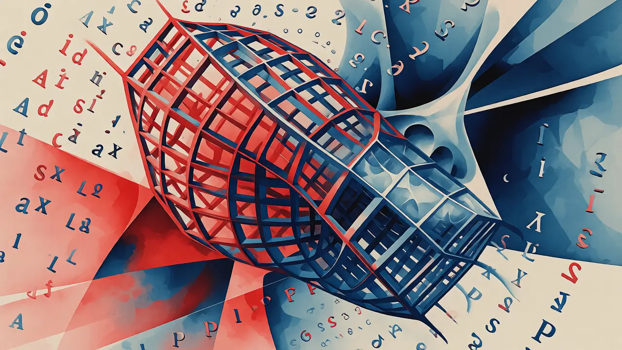 Cubist depiction of merged structural grids and organic shapes, representing intertwined syntax and semantics.