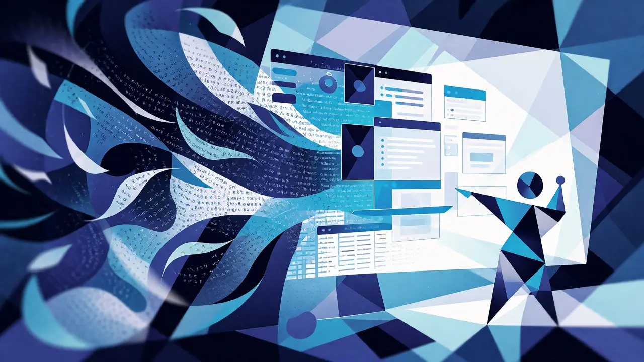 Cubist depiction of natural language transforming into structured UI components.