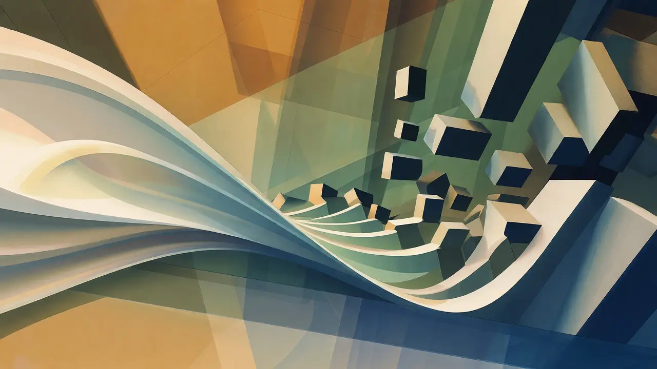 Cubist depiction of smooth curves shattering into jagged blocks, representing capability jumps.