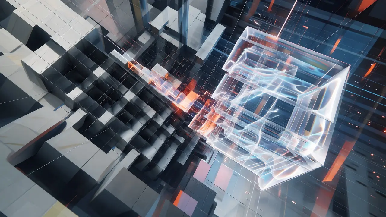 Cubist fusion of geometric hardware and prismatic data streams symbolizing hybrid AI approaches.