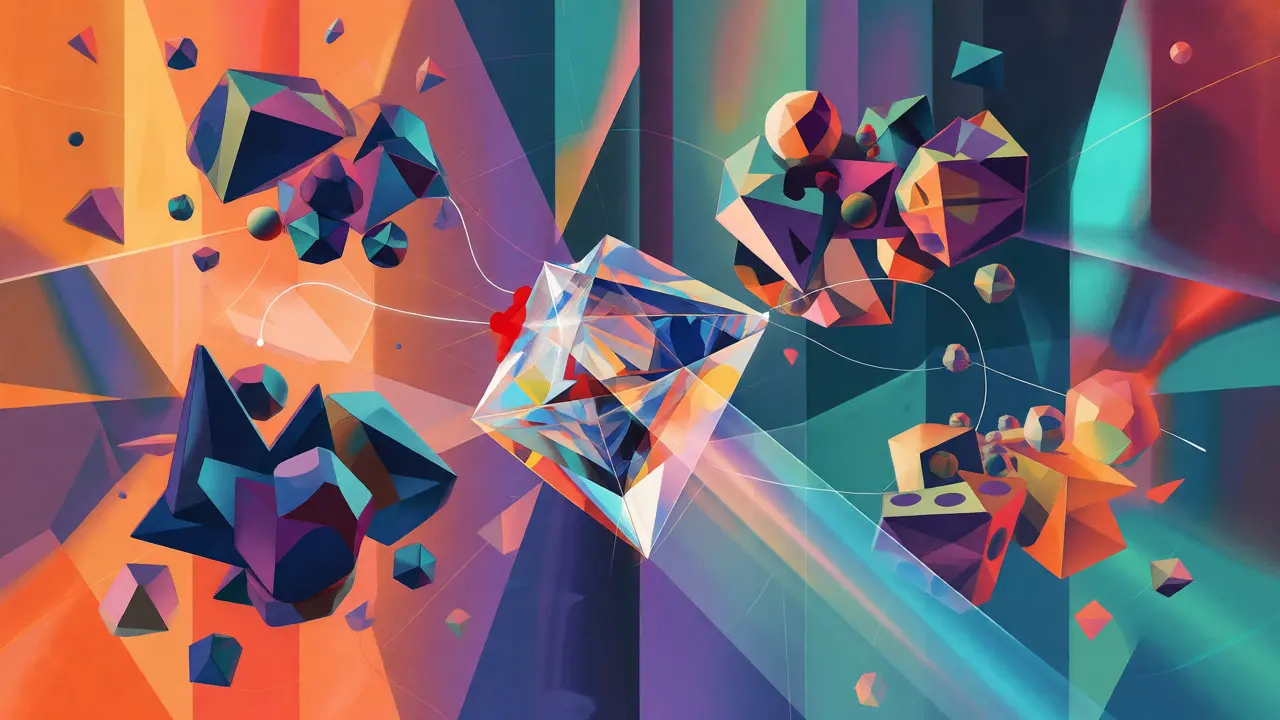 Cubist illustration of a central crystal LLM organizing geometric clusters of semantic data.
