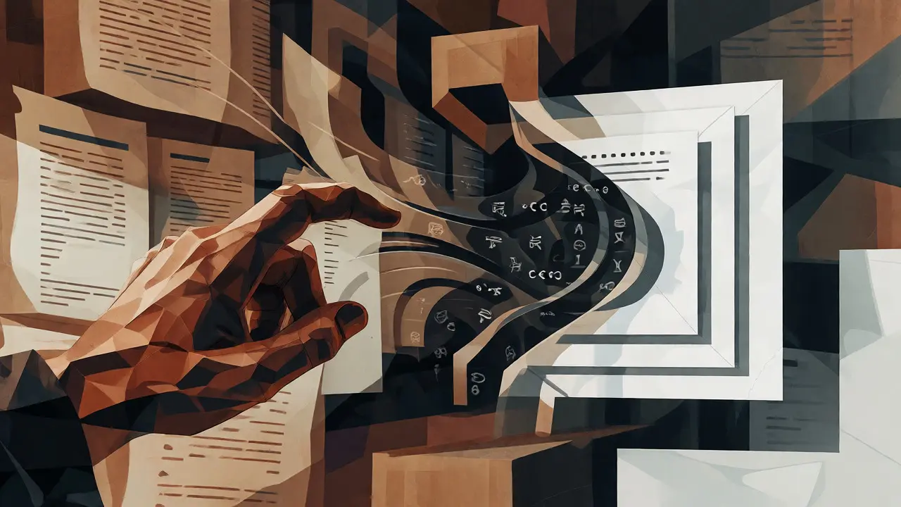 Cubist illustration of a hand retrieving code snippets with hidden influences in a geometric vortex.