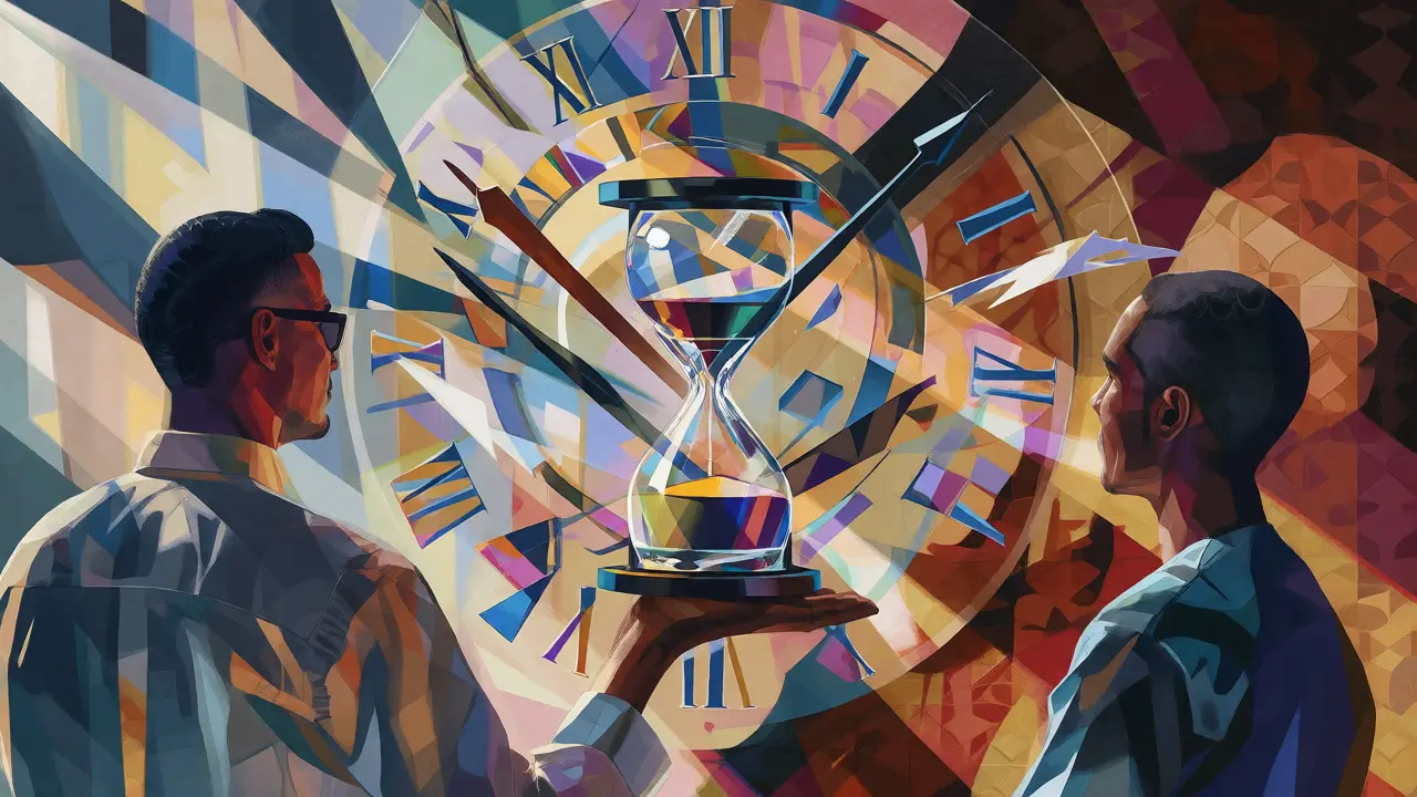Cubist illustration of diverse patients and fragmented clocks representing speed and equity.