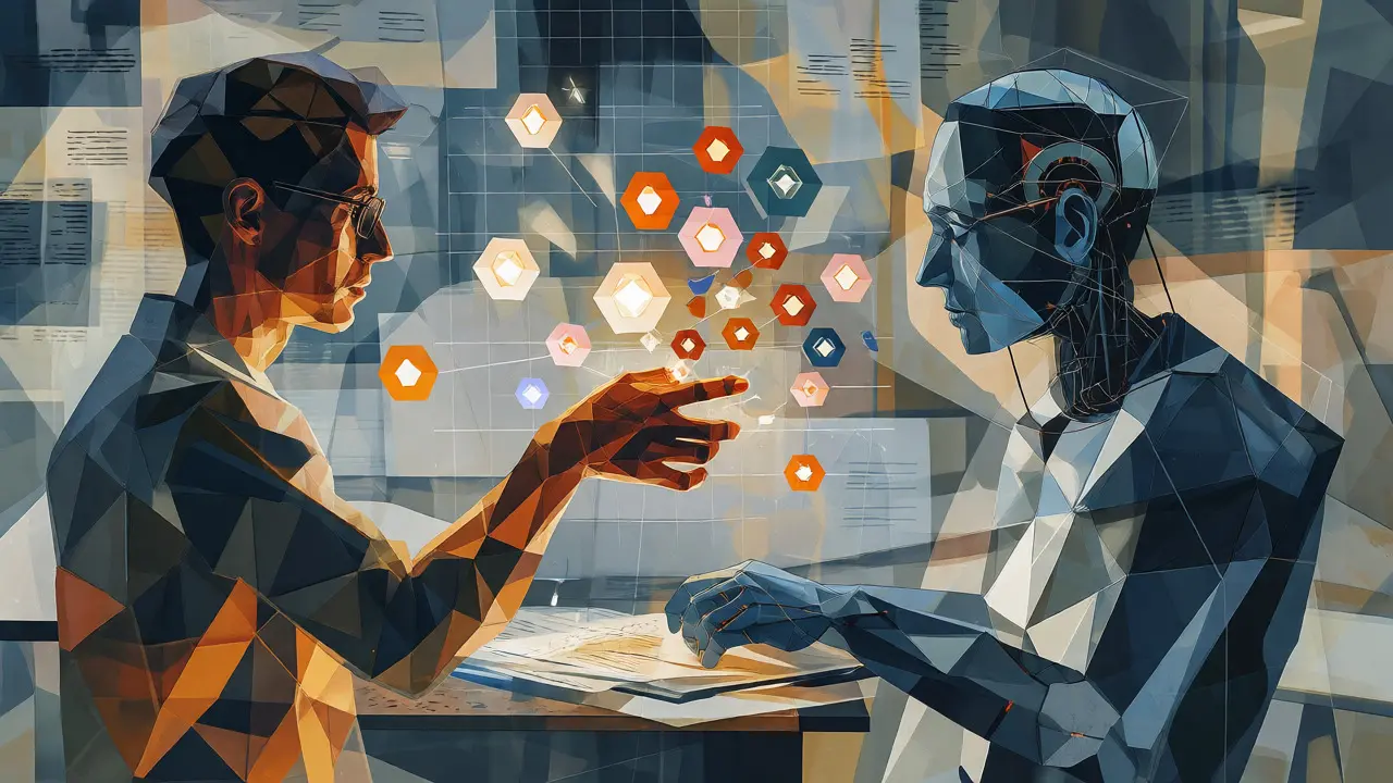 Cubist illustration of human and AI collaborating to verify factual claims.
