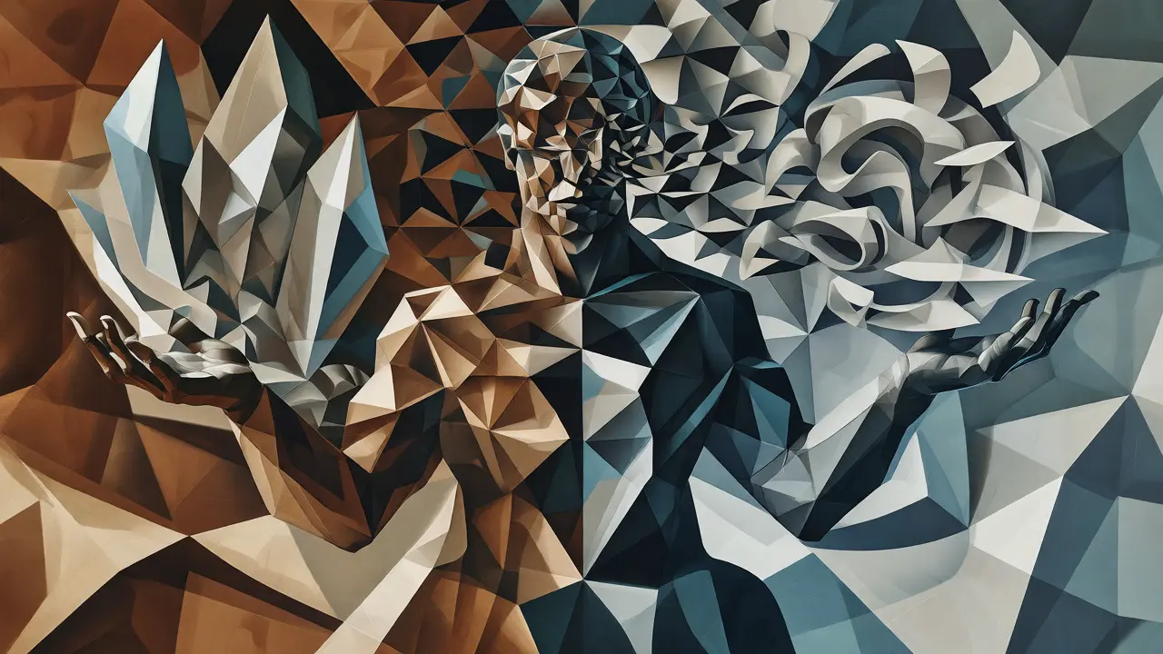 Cubist image merging geometric logic and fluid language shapes to show knowledge transfer.