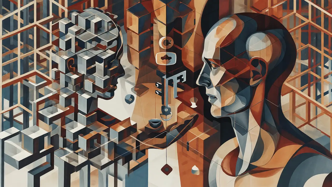 Cubist image of robotic and human figures collaborating on translation frameworks.