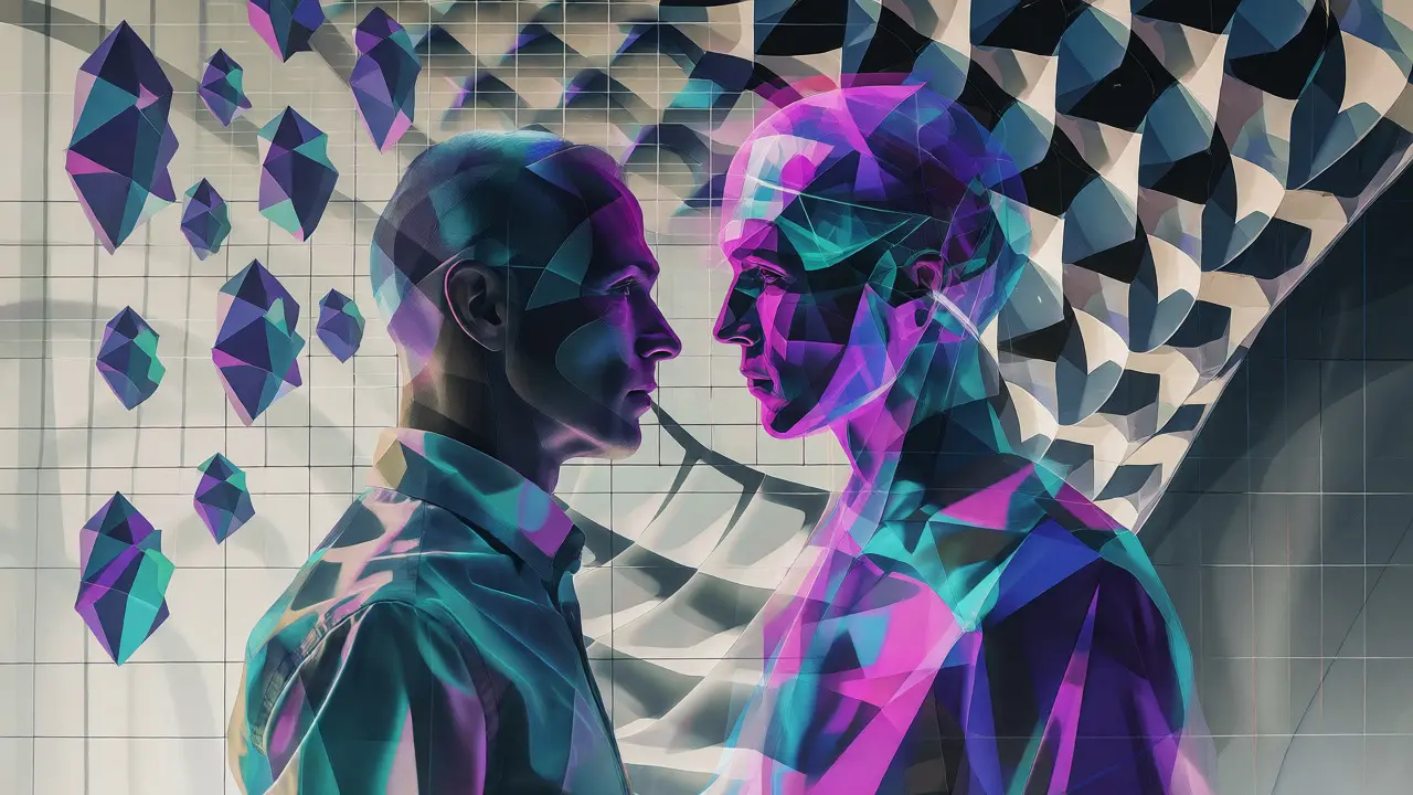 Cubist merging of human and AI figures surrounded by evolving data shapes.