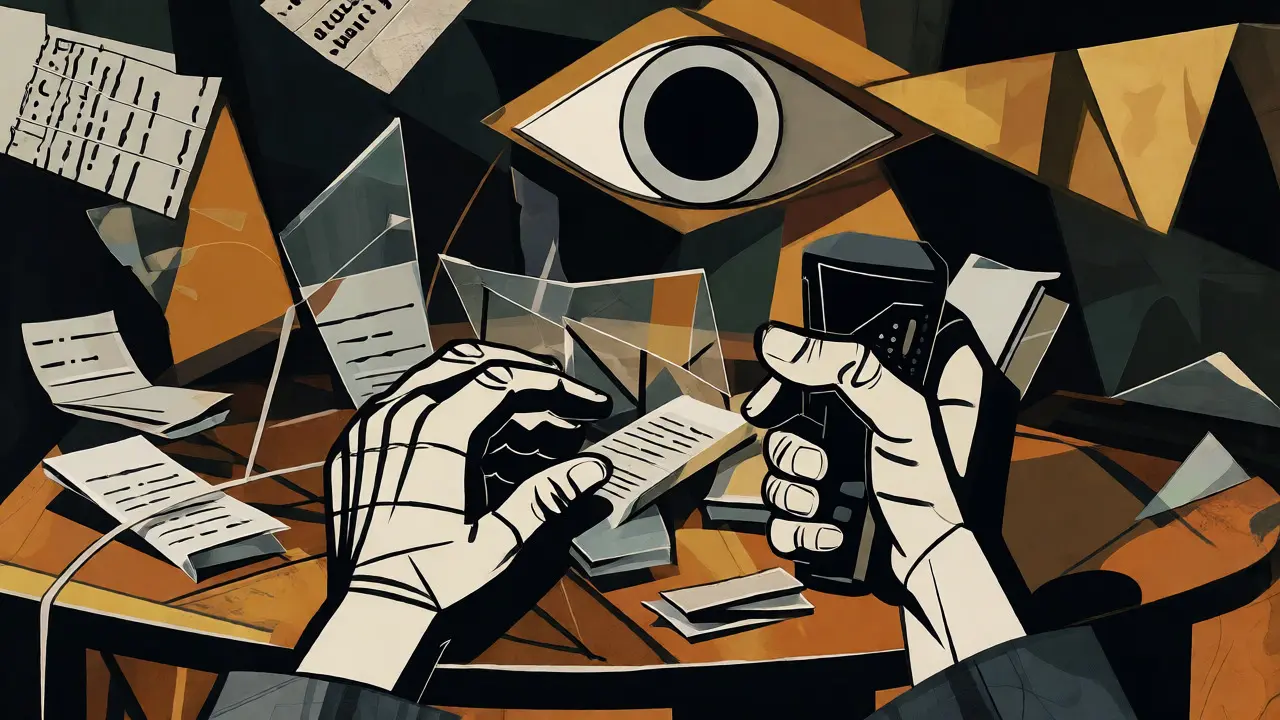 Cubist painting of hands speaking while ignoring shattered code fragments.