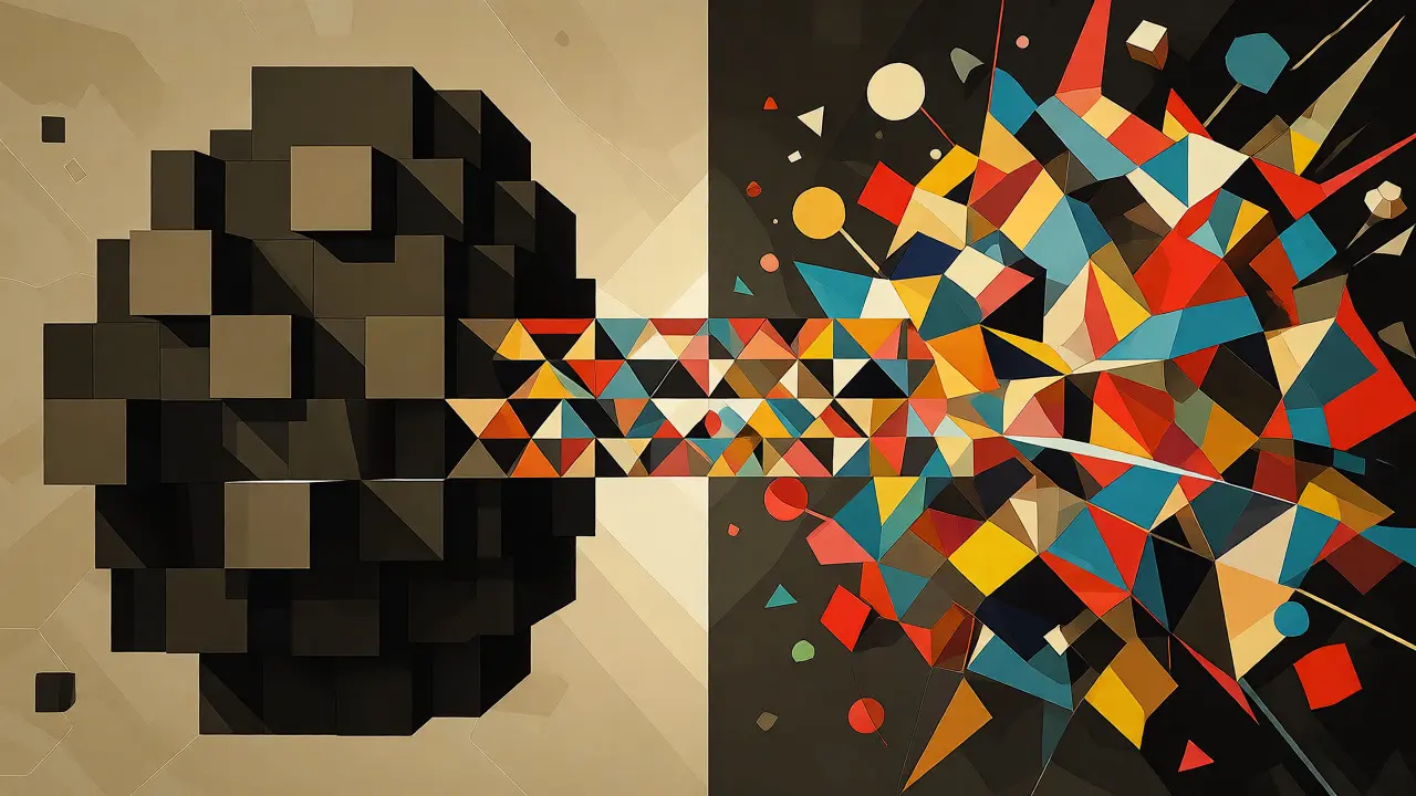 Cubist representation of a hybrid AI model connecting central and local teams.