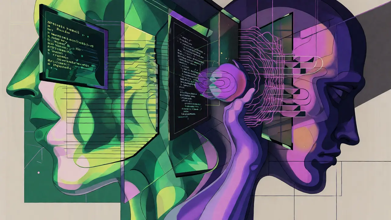 Cubist scene blending human and machine elements reflecting AI feedback risks and cycles.