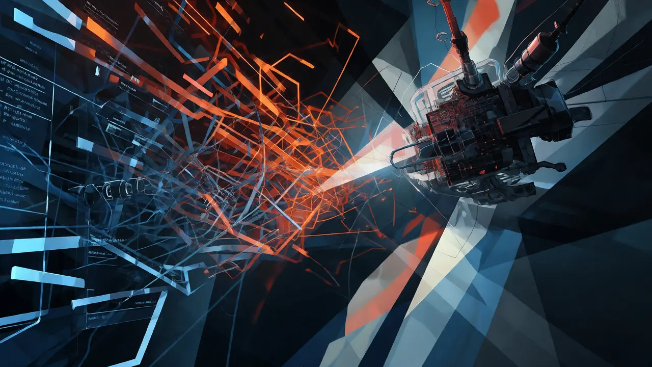 Cubist visualization of a red teaming tool analyzing tangled data streams and security nodes.