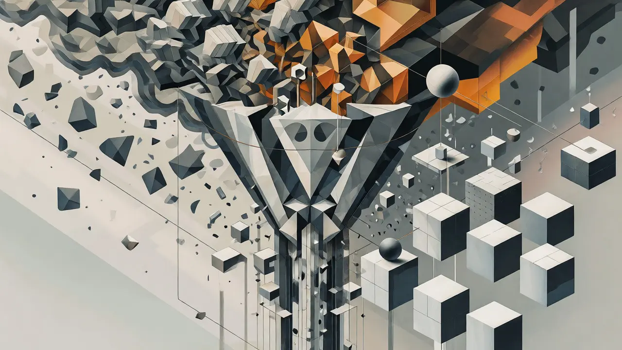 Cubist visualization of RAG pipelines filtering noise into grounded atomic facts.