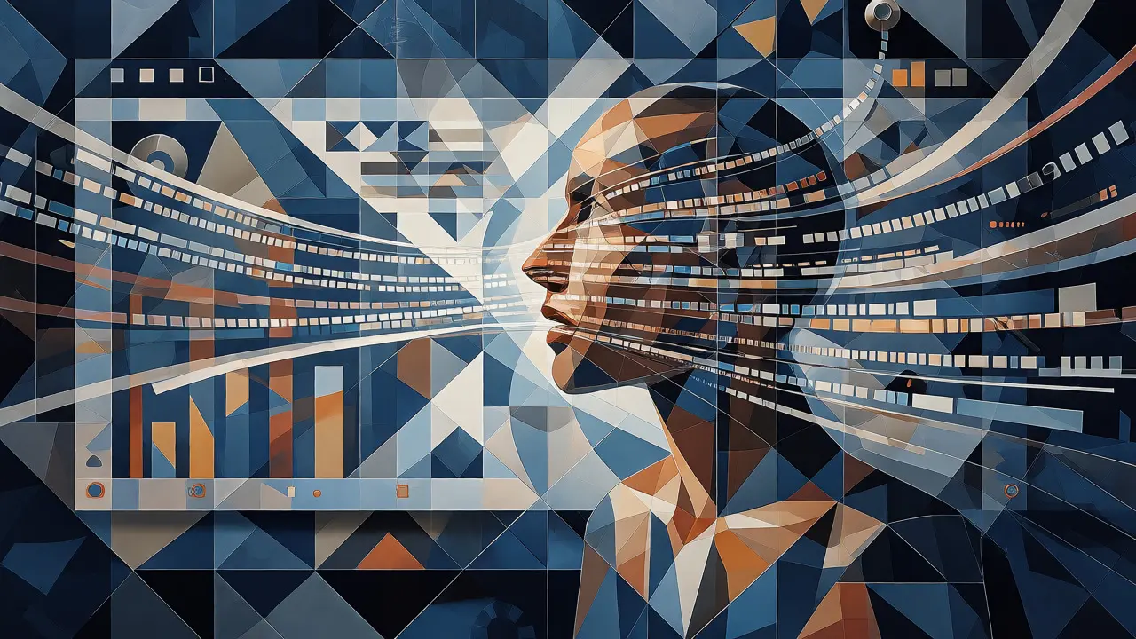 Cubist visualization of speech transforming into structured code and dashboards