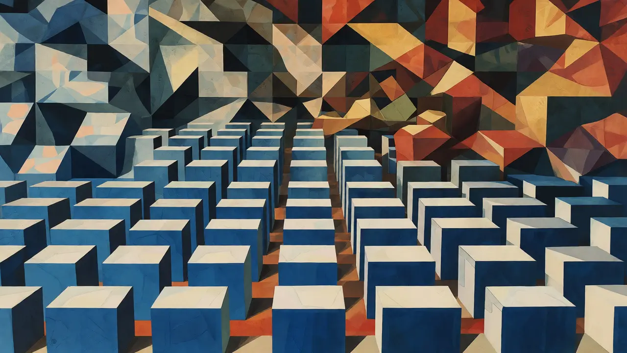 Cubist visualization of structured academic data dissolving into messy real-world inputs.