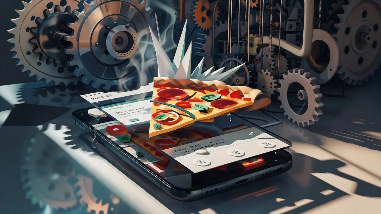 Deconstructed mobile app interface with pizza imagery in a layered cubist style.