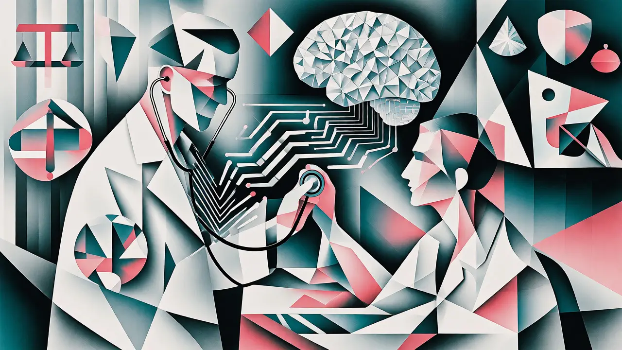 Fragmented cubist scene of a doctor interacting with AI data streams in healthcare