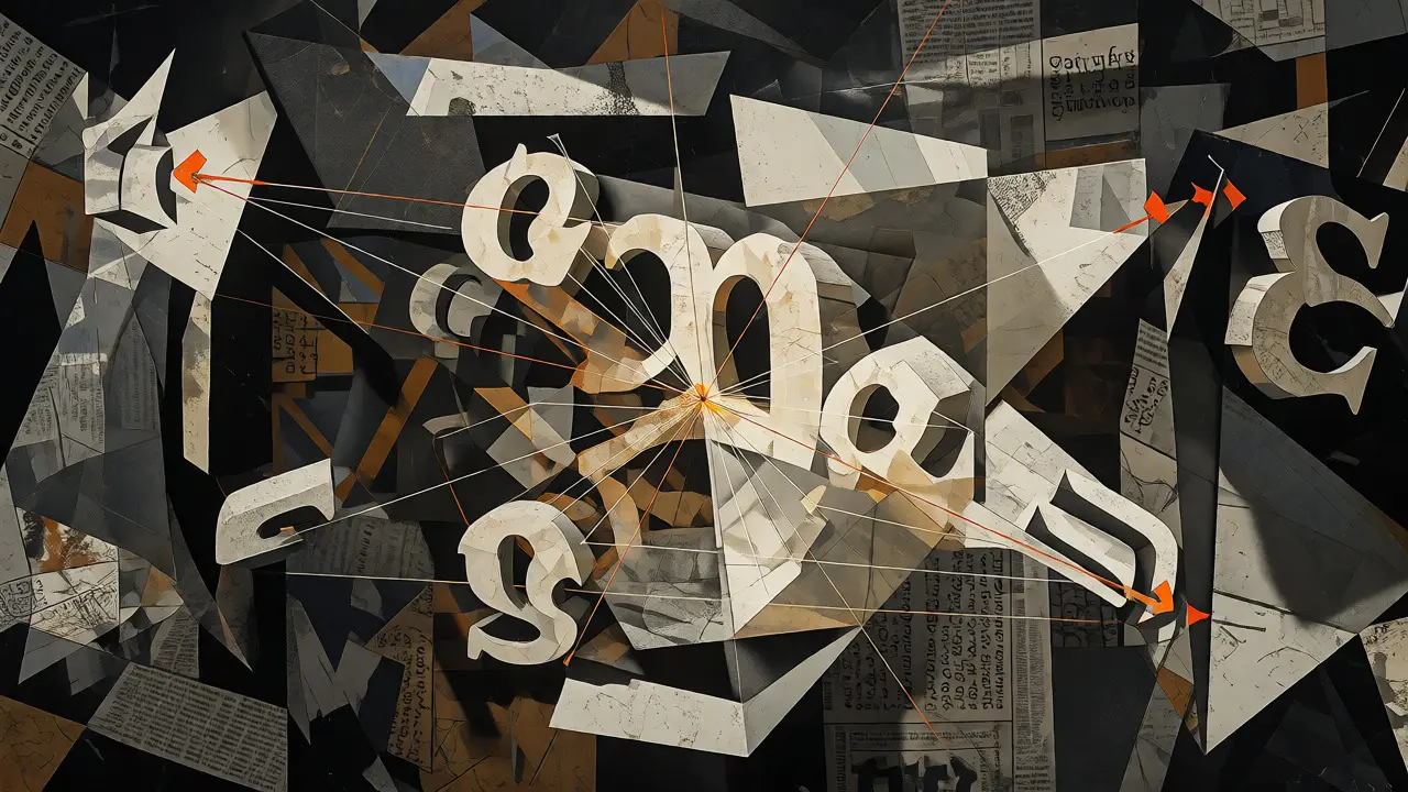 Geometric Cubism visualization of attention vectors connecting abstract word tokens in a network.