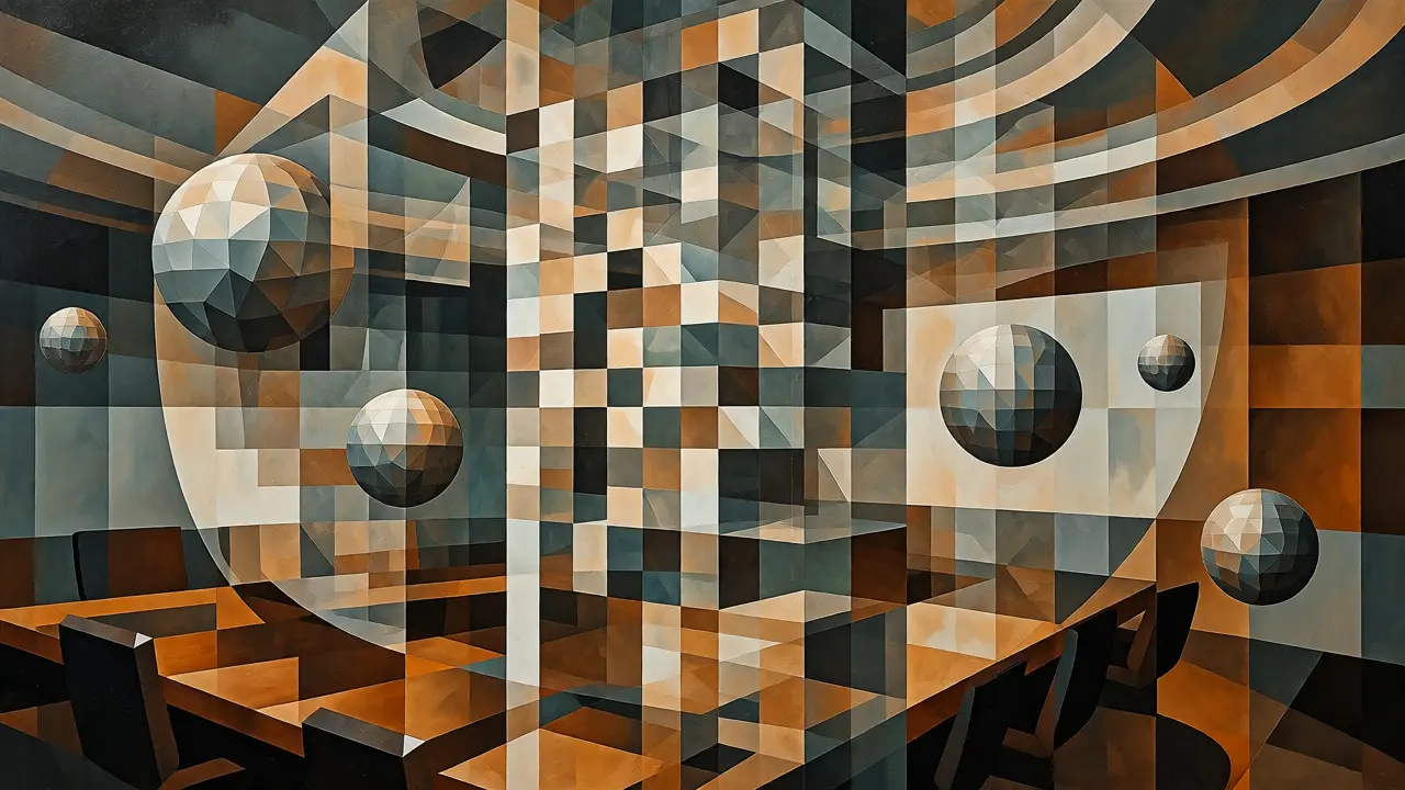 Geometric cubist composition illustrating regulatory compliance and continuous learning structures.