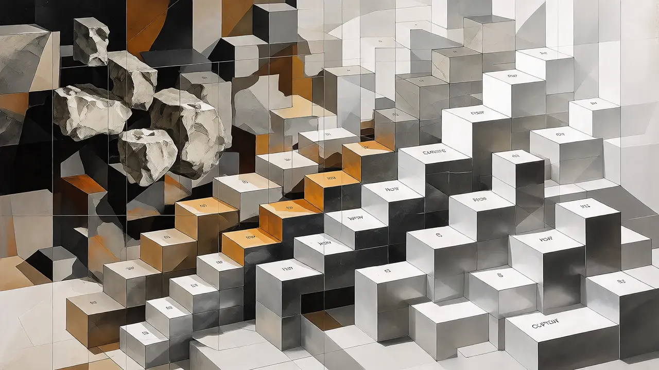 Geometric cubist illustration of a structured prompt framework pipeline.