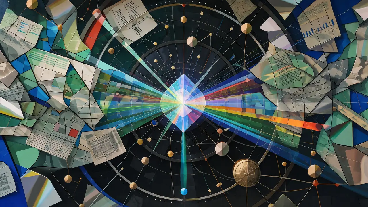 Geometric Cubist mural depicting a self-correcting AI core verifying information in real-time.