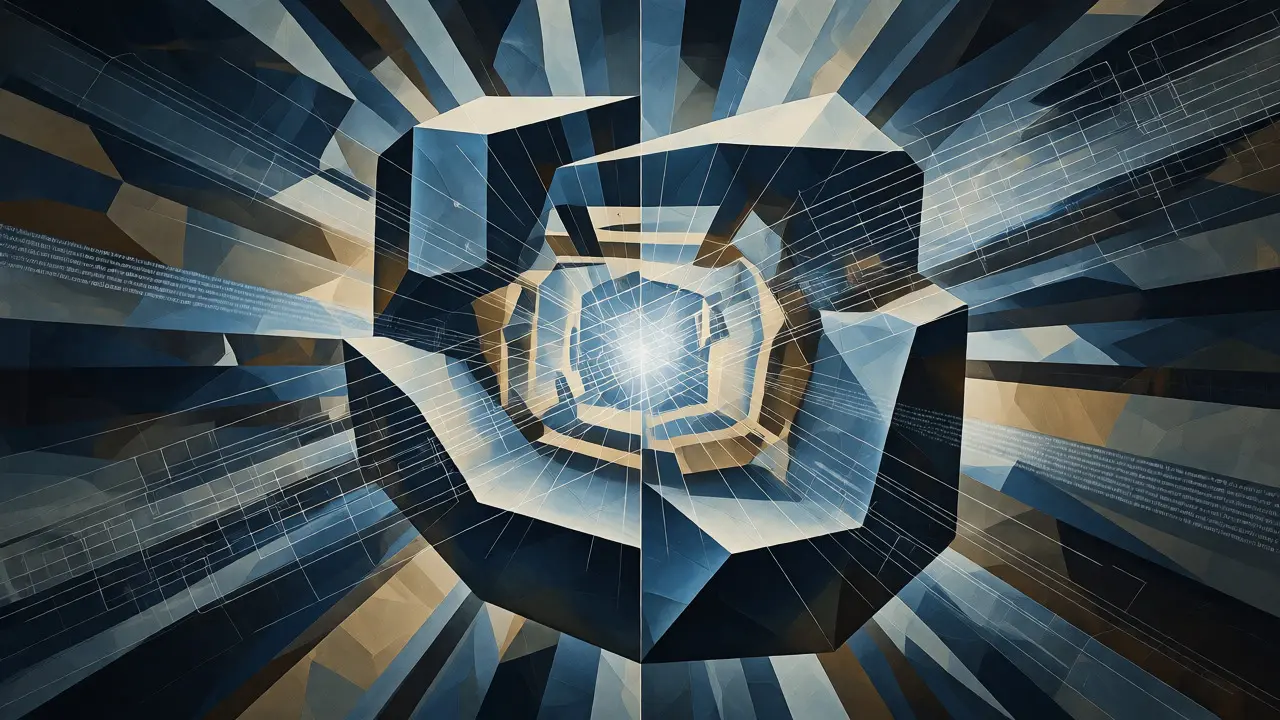 Geometric Cubist shield protecting app logic with layered security constraints.