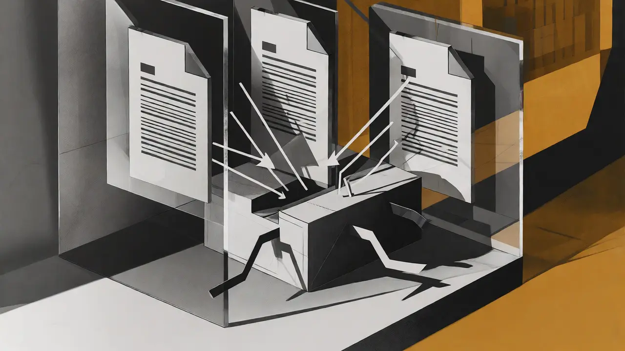 Geometric planes of documents connecting to a central AI core in Cubist style