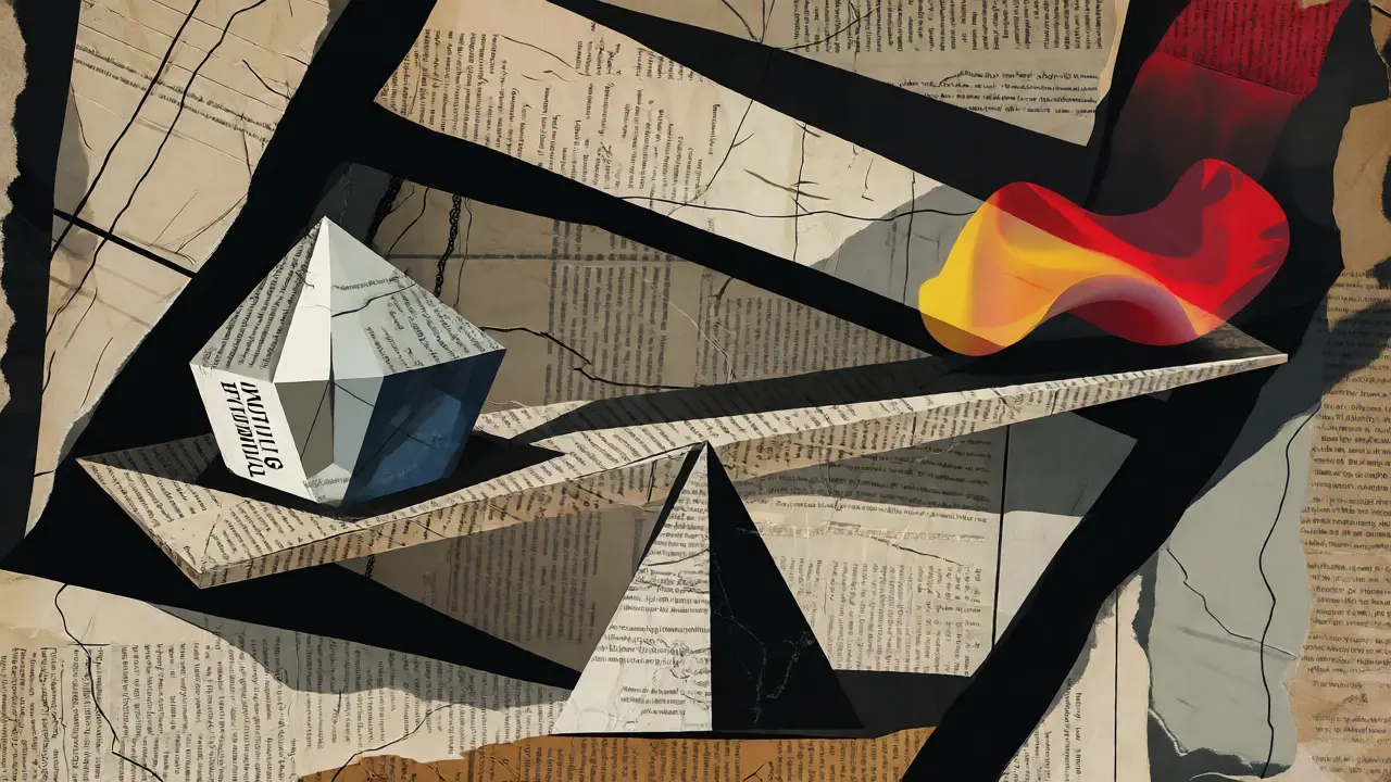 Synthetic Cubism artwork showing a balance scale weighing factual data against common myths.